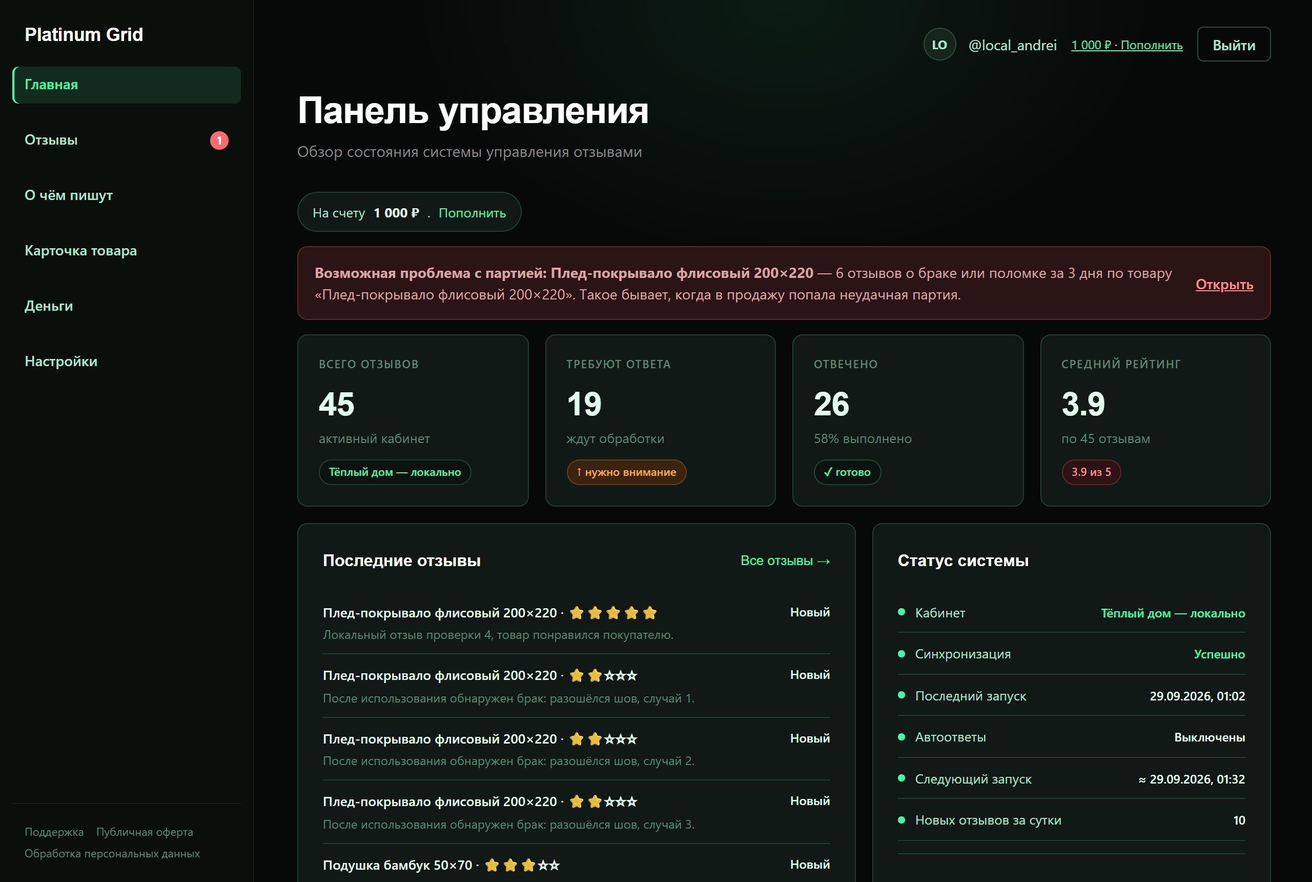 Панель управления магазином
